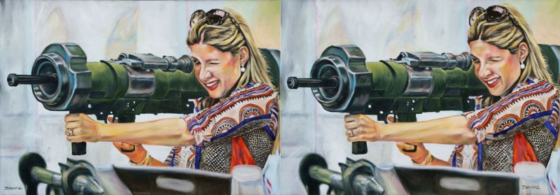 Grenzfall 1, oil on canvas, 90 x 260 cm, zweiteilig, Frau mit großem Gewehr